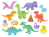 Vector illustration of dinosaurs including Stegosaurus, Brontosaurus, Velociraptor, Triceratops, Tyrannosaurus rex, Spinosaurus, and Pterosaurs.