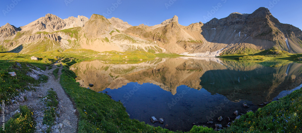 Reflections panorama in Alpine lake