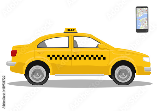Zdjęcie XXL Żółty samochód taxi i smarthone. Aplikacja dla taksówek. Wniosek o wezwanie taksówki. Pojedynczo na białym tle
