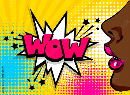 Obraz na płótnie Open sexy lips lipstick. Wonder pop art style face. Cartoon vintage poster, colored black african american girl speaking. Speech bubble comic text WOW vector font illustration. Sale advertise banner.