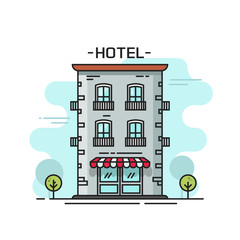 Hotel building vector illustration line outline flat carton style from street view