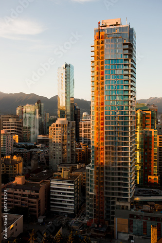 Cityscape of downtown Vancouver at dusk