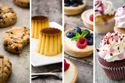 Fotoobraz na płótnie Deserowy kolaż z ciastkami, creme karmelem, tartlets i babeczkami