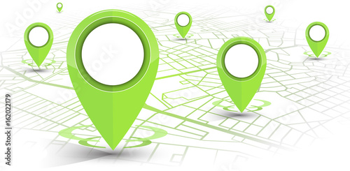 Zdjęcie XXL GPS nawigatora szpilki zielony kolor wyśmiewa wite mapę na białym tle