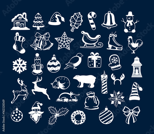 Winter Merry Christmas and Happy New Year Objects Decoration Elements Items set collection for your Xmas design in white including santa, christmas tree, balls, presents, latern, candle, animals etc