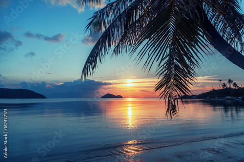 Magnificent beautiful bright tropical sunset, sun, palms, sandy beach