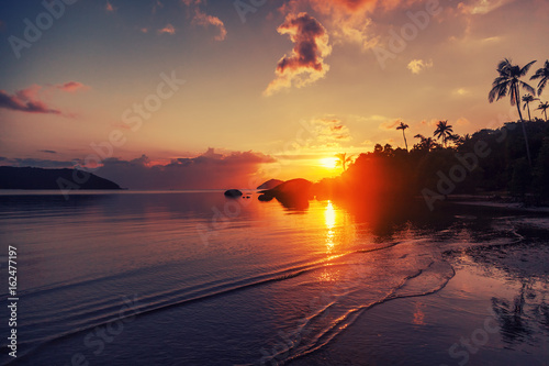 Magnificent beautiful bright tropical sunset, sun, palms, sandy beach
