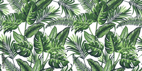  Tropical seamless pattern with palm leaves.
