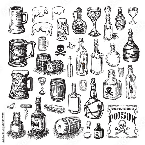 Вектор: Vector illustrated set of various bottles, mugs, glasses and barrels Vector illustrated set of various bottles, mugs, glasses and barrels