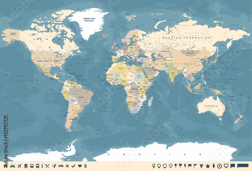  Vintage World Map and Markers - Vector Illustration