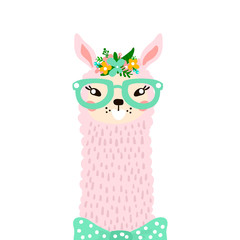 Cute lama head isolated on white. Vector illustration