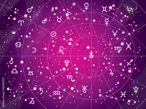 Zdjęcie XXL XII Konstelacje Zodiaka i jego planety władcy. Astrologiczny Wykres Niebiański. (Antyczna fioletowa wersja).
