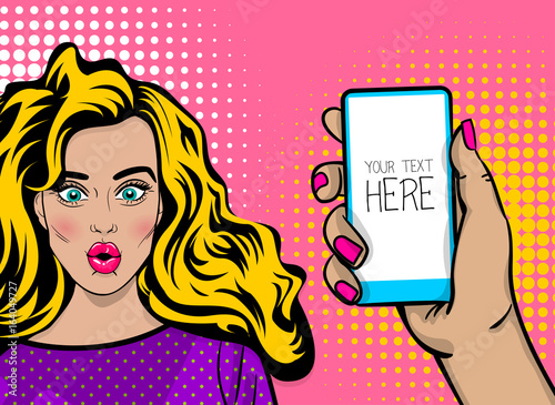 Obraz na płótnie Beautiful sexy girl long blonde hair, wow face open mouth in style pop art hold look smart phone mock up display. Comic book retro halftone background. Vector illustration. Comic text speech bubble.
