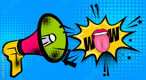 Zdjęcie XXL Pop artu megafon kobieta uśmiech warg Pokaż język, wow. Balon komiksowy. Fraza ikona dymek. Kreskówki dziewczyny pomadki chrzcielnicy etykietki etykietki wyrażenie. Efekty dźwiękowe tekstu komicznego. Ilustracji wektorowych.