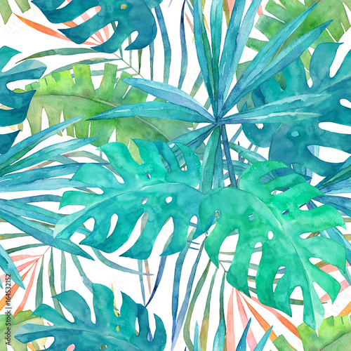 Fototapeta na wymiar Summer seamless pattern with watercolor palm leaves on white background.Tropical hand drawn illustration