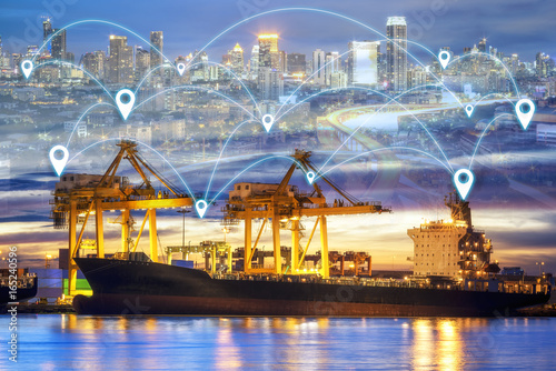 Plakat Logistyka i transport kontenera Port cargo z działającym logistycznym importem i eksportem z technologią City Link