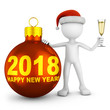 Man in the hat of Santa Claus with a glass of champagne near the red balloon with the inscription 2018. 3d render. Man in the hat of Santa Claus with a glass of champagne near the red balloon with the inscription 2018. 3d render.