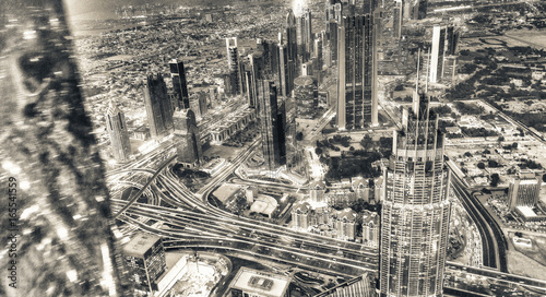 Dubai Downtown night aerial view from high vantage point