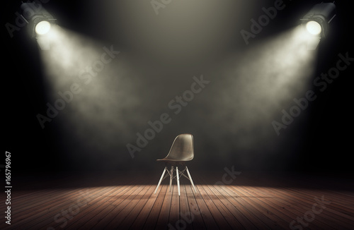 Plakat Reflektory oświetlają pustą scenę z krzesłem w ciemnym tle. 3d rendering