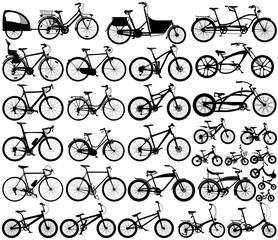 Man, woman and child bicycles detailed vector silhouette collection