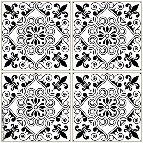 Fototapeta Portuguese tiles pattern - Azulejo black and white design, seamless vector blue background, vintage mosaics set