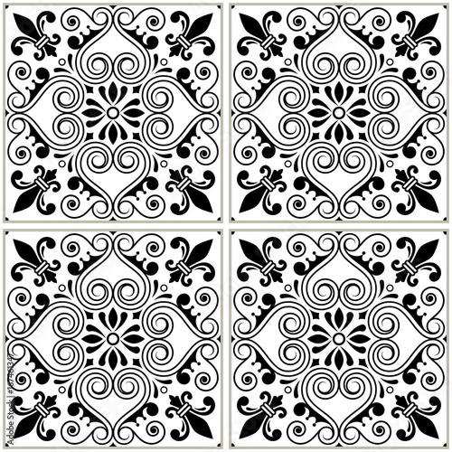 Portuguese tiles pattern - Azulejo black and white design, seamless vector blue background, vintage mosaics set