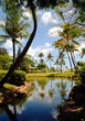 Portrait shot of a landscaped garden a pond and coconut trees by a tropical beach Portrait shot of a landscaped garden a pond and coconut trees by a tropical beach