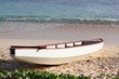 Small white boat docked in the sand in a tropical beach with gentle foaming waves rolling onto the shore Small white boat docked in the sand in a tropical beach with gentle foaming waves rolling onto the shore