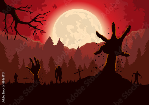 Plakat Ramię sylwetka zombie dotarcia z ziemi grobu w noc pełni księżyca i czerwone niebo.
