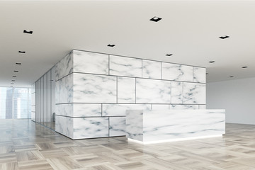 Marble and glass reception lobby side closeup