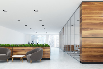 Wooden and glass reception, waiting area