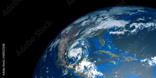 Plakat Bardzo szczegółowe i realistyczne wysokiej rozdzielczości 3D ilustracji huraganu zbliża Texas. Strzał z kosmosu. Elementy tego obrazu są dostarczane przez NASA.