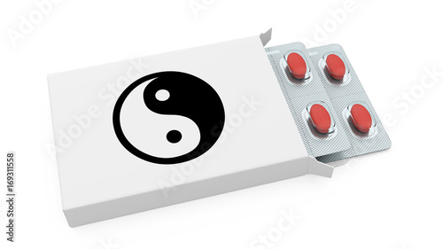 Fotoobraz na płótnie biały pigułka pudełko z yin Yang symbolu 3d renderingiem