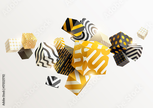 Fotoobraz na płótnie Skład złote i czarne kostki 3D. Streszczenie ilustracji wektorowych.