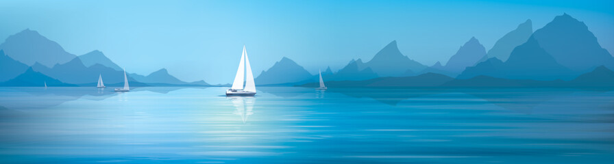 Vector blue sea, sky  background and yachts.