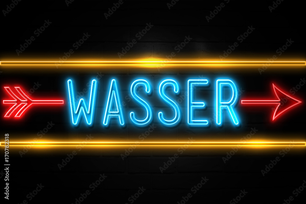 Wasser  - fluorescent Neon Sign on brickwall Front view