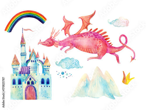 Watercolor fairy tale collection with cute dragon, rainbow, magic castle, little princess crown, mountains and fairy clouds © Tanya Syrytsyna