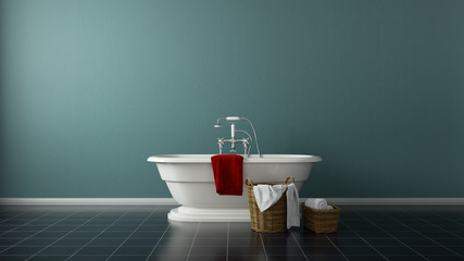 Modern bath tub in front of wall with towels 3d rendering