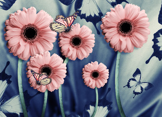 Floral background of chrysanthemums, bright flowers on a gray. Applied a filter with grain.