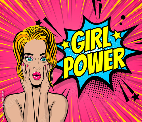 Plakat Piękna seksowna dziewczyna blond włosy wow oops twarz otwarte usta stylu pop art speech bubble girl power. Komiksy retro półtonów tło. Wektor reklamować ilustrację. Tekst komiksowy.