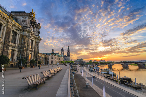 Dresden sunset city skyline at Elbe River and Augustus Bridge, Dresden, Germany