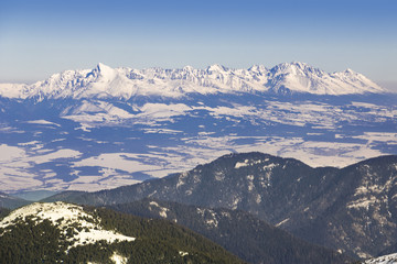 Ski resort in Slovakia. High mountain Tatras. Peak Chopok on sunny day. Beautiful landscape.