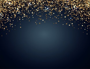 Festive horizontal Christmas and New Year background with gold glitter of stars. Vector illustration.