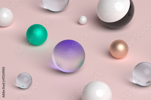Zdjęcie XXL Abstrakcjonistyczny 3d rendering geometryczni kształty. Kompozycja z kulkami. Nowoczesny projekt tło na plakat, okładka, marki, baner, afisz.