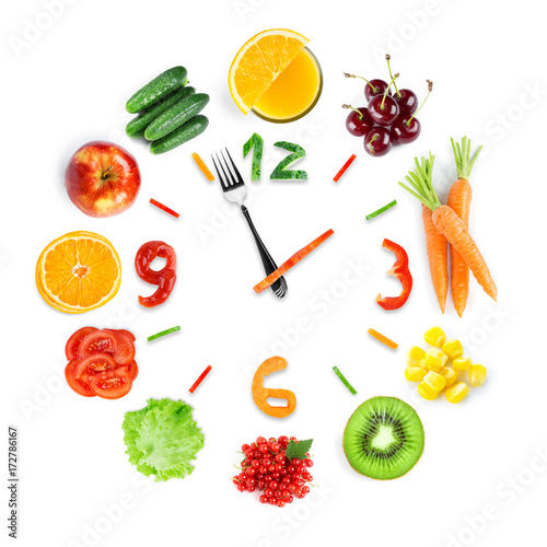 Food clock with fresh fruits and vegetables