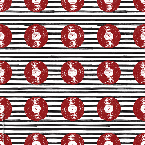 Fototapeta na wymiar Vinyl record vintage seamless pattern hand drawn label sketch, grunge textured retro badge, typography design t-shirt print, striped vector illustration