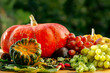 pumpkin, grapes, apple. background blur. pumpkin, grapes, apple. background blur.