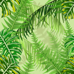 Seamless pattern with tropical leaves and ferns