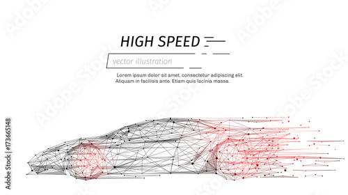 Plakat samochód sportowy z linii wielokąta na abstrakcyjnym tle. Wieloboczny obszar low poly z łączącymi kropkami i liniami. Struktura połączenia. Tło koncepcja prędkości wektora.