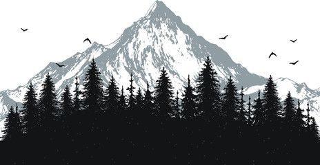 hand drawn vector nature illustration with mountains and forest on first view. silhouette landscape. using for travel and nature background and card